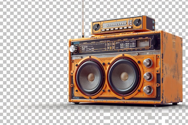 Foto electrónica de radio anticuada un estéreo boombox con un gran espacio de copia para el texto de fondo contra un telón de fondo translúcido ia generativa
