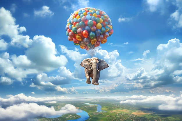 Elefant fliegt am Himmel. KI-generiertes Bild