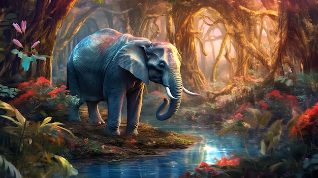 Elefant in einem fantastischen und wunderschönen Dschungel, der von der KI generiert wurde