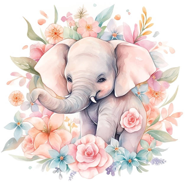 Elefant mit Schleife und Blumen drumherum