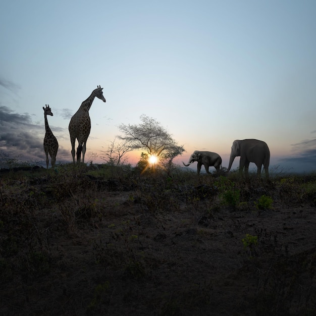 Elefant und Giraffe, die auf das Feld gehen