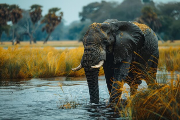 Foto elefante africano caminando por un río en el delta del okavango