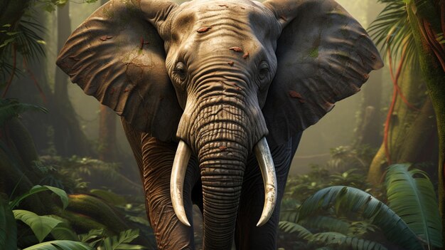 Elefante africano caminhando pela exuberante floresta tropical