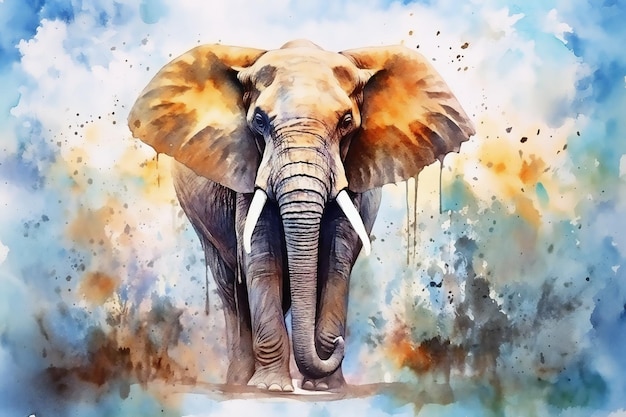Elefante africano colorido en estilo acuarela en un fondo abstracto con salpicaduras de pintura