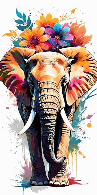 Elefante africano com flores coloridas em fundo grunge