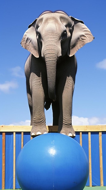 Foto el elefante africano loxodonta africana balanceándose en una pelota azul