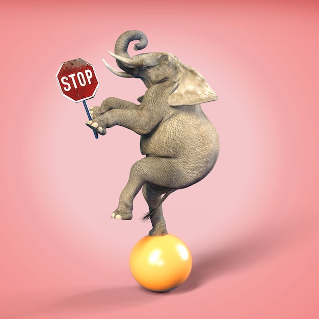 Elefante africano con señal de stop en equilibrio sobre una bola naranja. Ilustración 3d