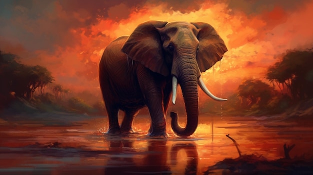 Un elefante en un agua con un fondo de puesta de sol.