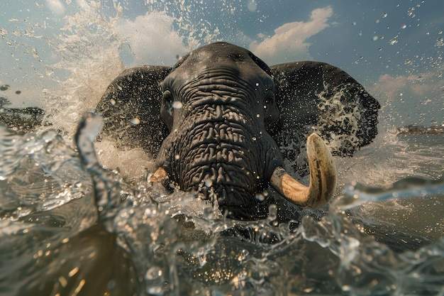 Un elefante en el agua con su trompa en el aire