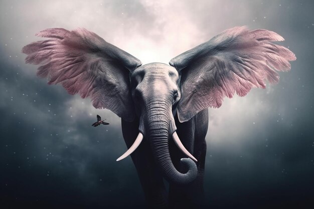 Un elefante con alas rosas y un pájaro en la espalda.