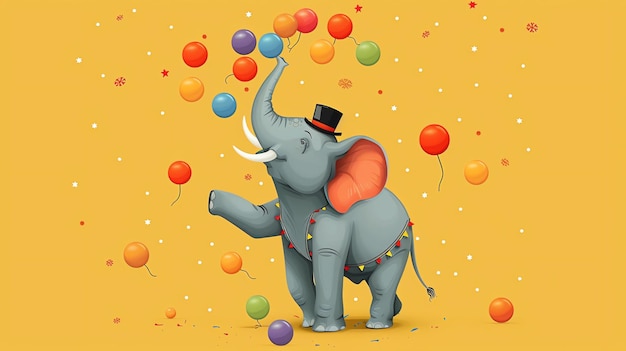 Un elefante alegre con un sombrero de alto está haciendo malabarismos con un montón de globos de colores con su trompa El fondo es de un color amarillo brillante