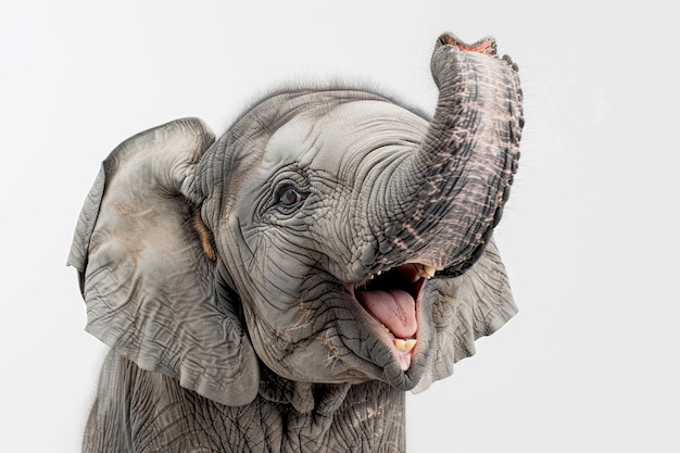 Un elefante con una amplia sonrisa alegre que parece feliz aislado en un fondo blanco