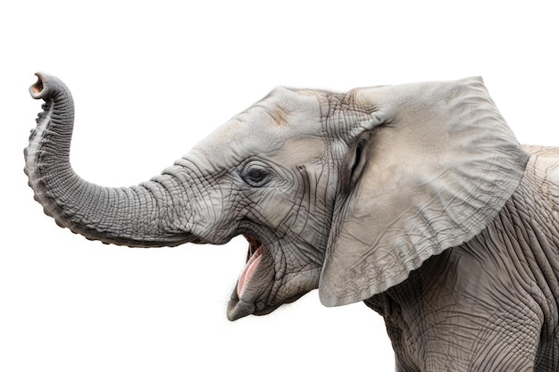 Un elefante con una amplia sonrisa alegre que parece feliz aislado en un fondo blanco