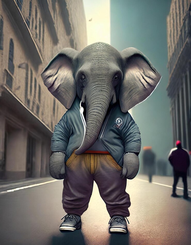 Elefante antropomórfico con un traje de entrenamiento de pie en una calle en el centro de la ciudad mirando fresco