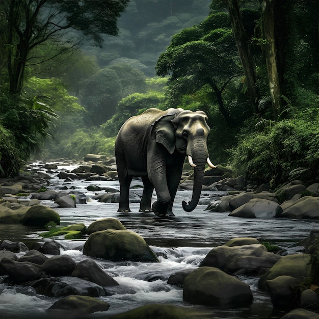 Elefante en el arroyo en la jungla