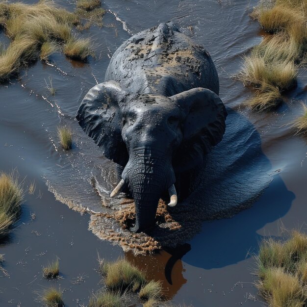 Elefante atravessando as águas rasas do Delta do Okavango, em Botsuana