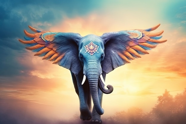 Elefante azul alado ao pôr do sol ilustração generativa ai