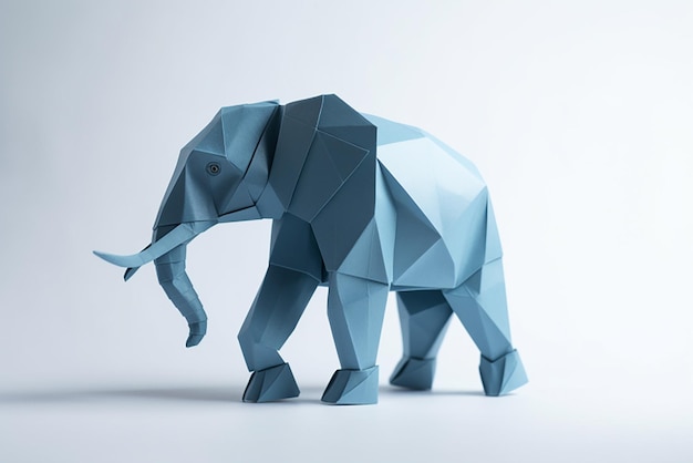 Elefante azul de origami sobre fondo blanco