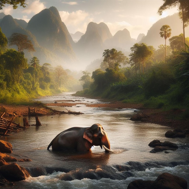 Un elefante se baña en un río.