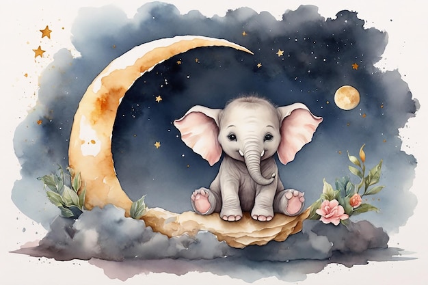 Elefante bebê bonito sentado na lua Ilustração a aquarela