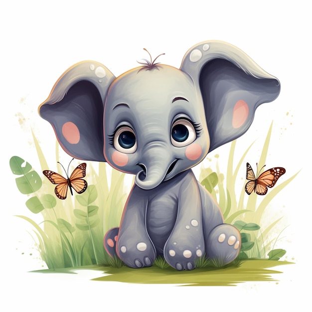 Elefante bebé de dibujos animados con mariposa en la hierba