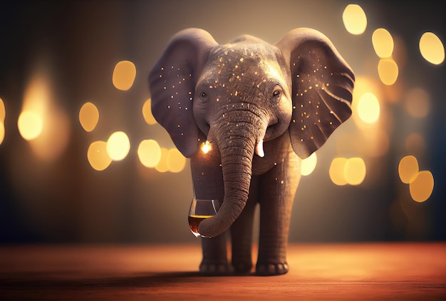 Elefante bebê feliz segurando copo de vinho torrado em festa e fundo de luz bokeh dourado Conceito de animais e animais selvagens Ilustração de arte digital Generative AI