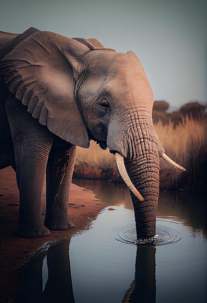 Elefante bebiendo de un río con su trompa generativa ai