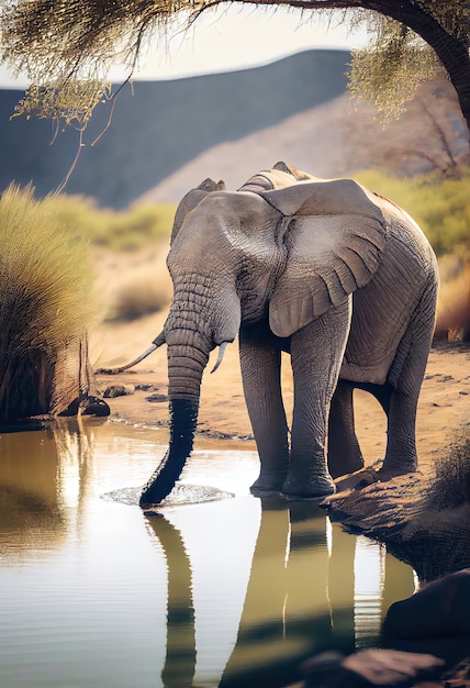 Elefante bebiendo de un río con su trompa generativa ai