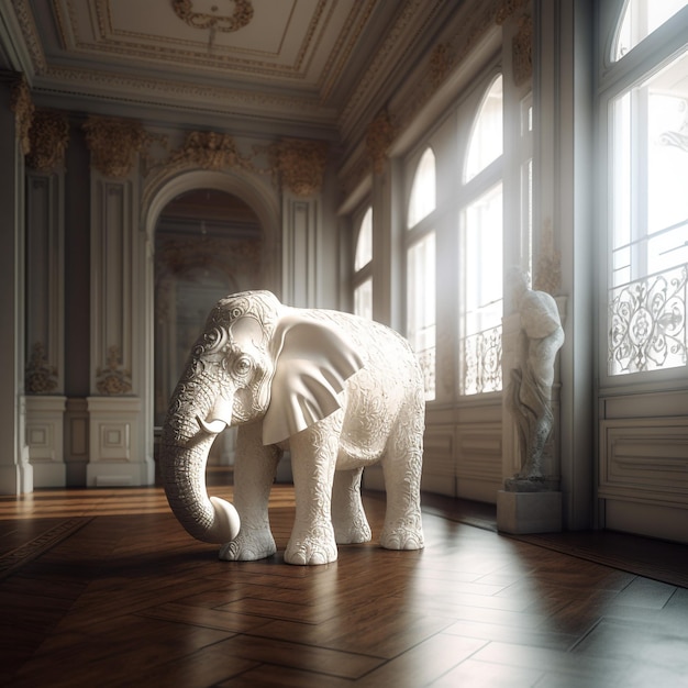 elefante blanco grande en una habitación vacía fotorrealista