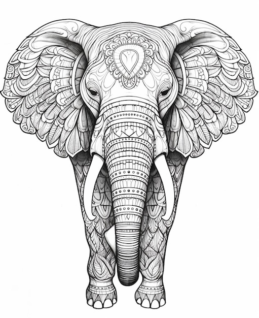 Un elefante blanco y negro con intrincados patrones en su cabeza generativo ai