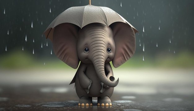 Elefante bonito dos desenhos animados segurando um guarda-chuva na chuva generativa AI