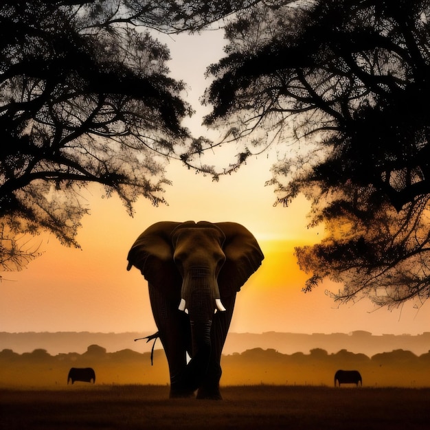 Un elefante camina por un campo con árboles al fondo.