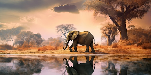 Un elefante camina por un lago en África