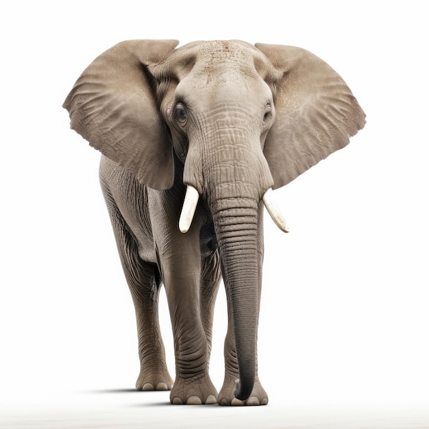 Un elefante camina sobre un fondo blanco.