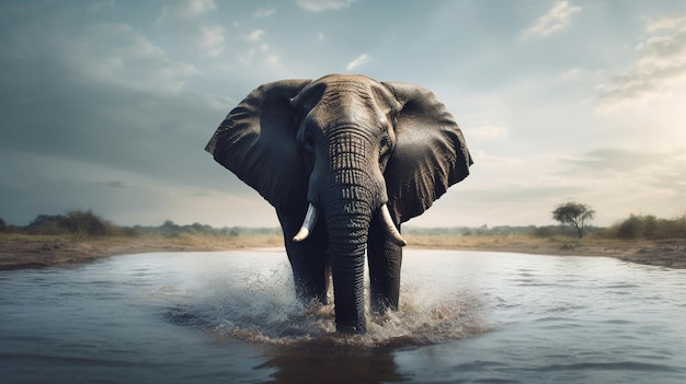 Un elefante caminando en el agua con un cielo nublado al fondo