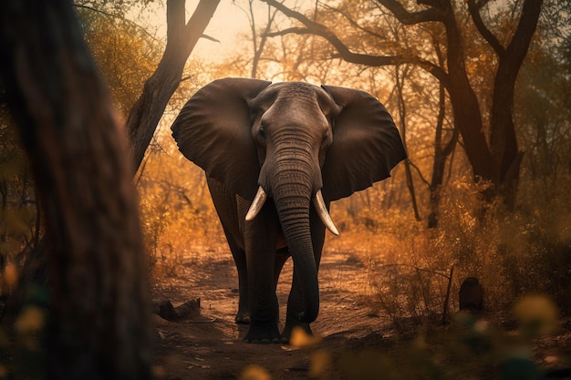 Un elefante caminando por un bosque con el sol brillando en su trompa.