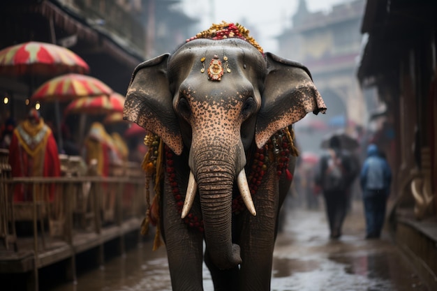 un elefante caminando por una calle con gente y sombrillas al fondo