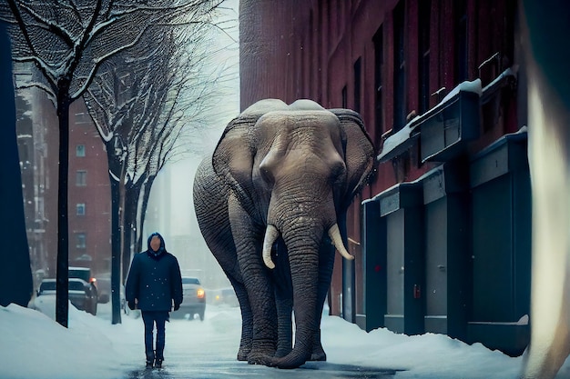 Elefante caminando en ciudad nevada Generativo AIxA