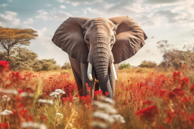 Un elefante en un campo de flores rojas.