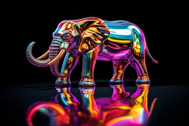 Un elefante con una cara de color arcoíris se refleja en una superficie negra.