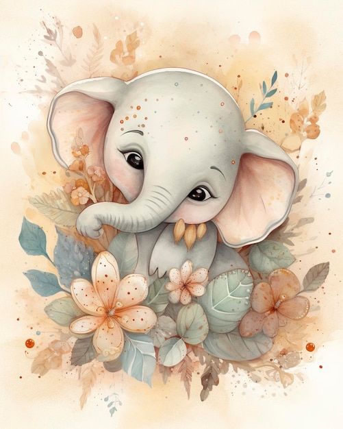 Elefante chibi feliz e fofo de aquarela sonhadora com fundo florido de conto de fadas cores neutras geradas ai