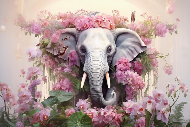 Foto elefante coberto de flores tropicais e plantas geradas por ia