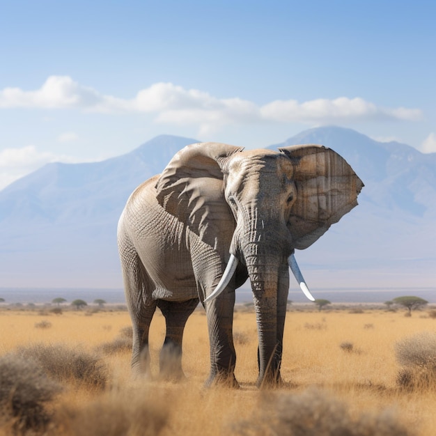 Un elefante con un colmillo blanco se encuentra en un campo con montañas al fondo.