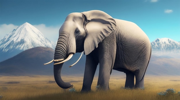 Un elefante con un colmillo blanco se encuentra en un campo con montañas al fondo