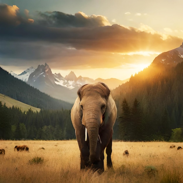 Un elefante con un colmillo naranja se para en un campo con montañas al fondo
