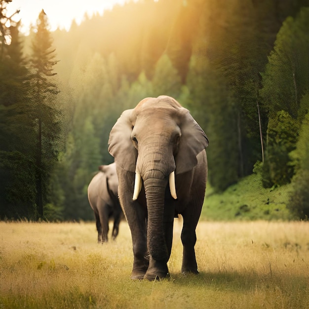 Un elefante con un colmillo naranja está de pie en un campo con montañas en el fondo