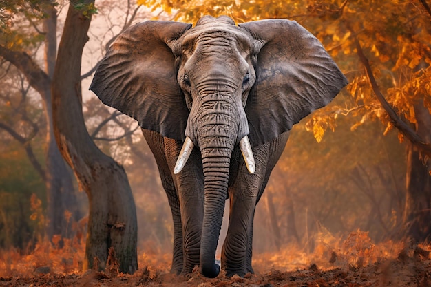 Un elefante con colmillos camina por un bosque.