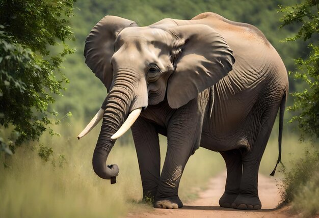 un elefante con colmillos caminando por un camino de tierra