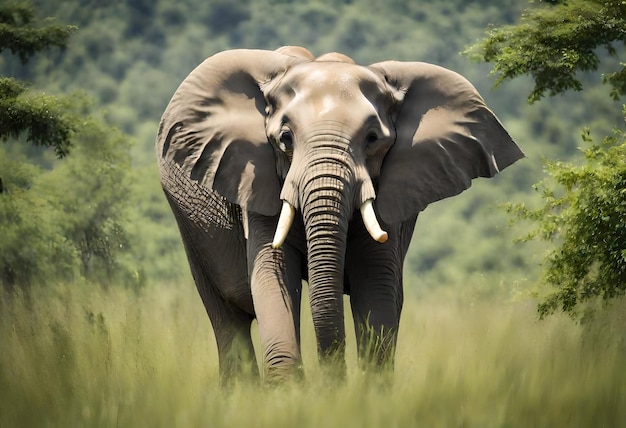 un elefante con colmillos de pie en un campo con árboles en el fondo