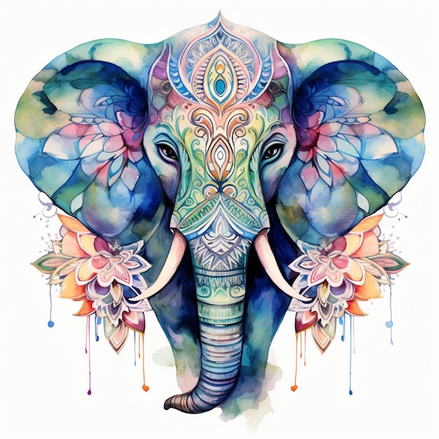 elefante de colores brillantes con cabeza ornamentada y flores en un fondo blanco generativo ai